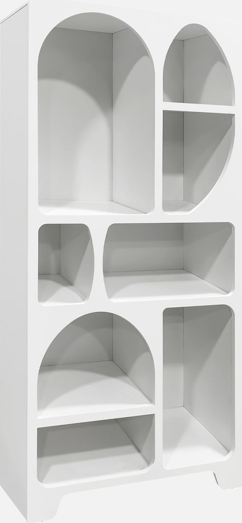 A white, modern, organic-shaped bookshelf with multiple compartments.