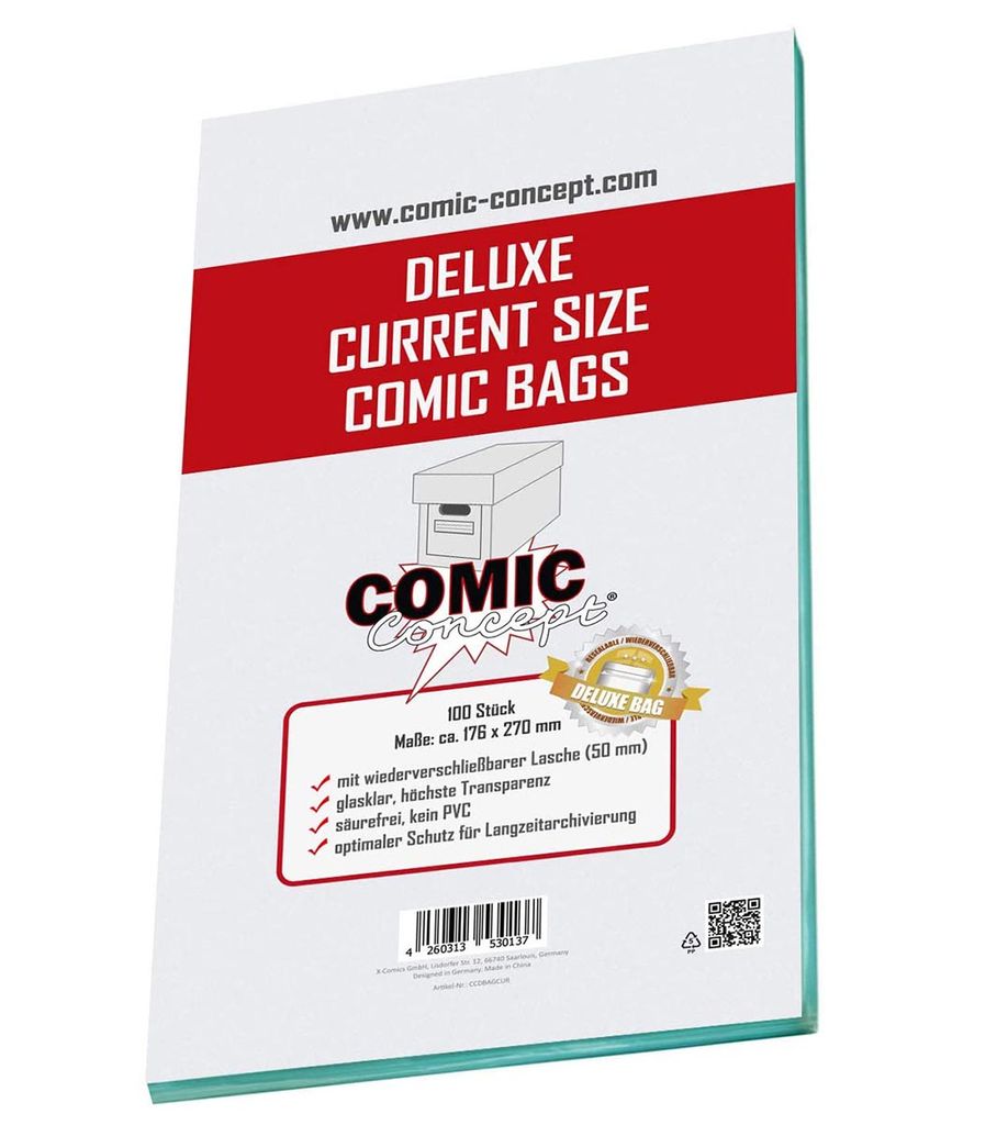 A product shot of comic book bags with descriptive text and branding.