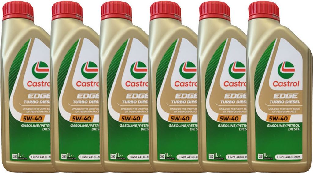 Six bottles of Castrol Edge Turbo Diesel 5W-40 engine oil are lined up against a white background.