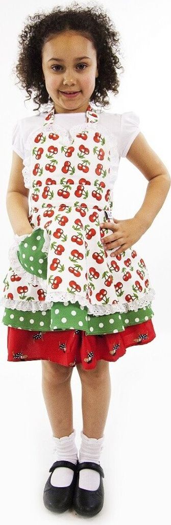 Kinderschürze Süße Kochschürze Kinder Küchenschürze Retro Schürze Vintage Dots Mädchen, Farbe:Weiß Kirsche