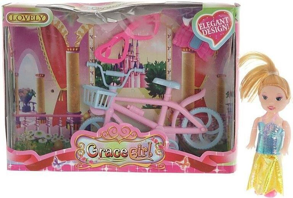 Puppe mit Fahrrad, 9 cm groß, in Schwarz-Weiß, Gesamtmaße Produktbild 