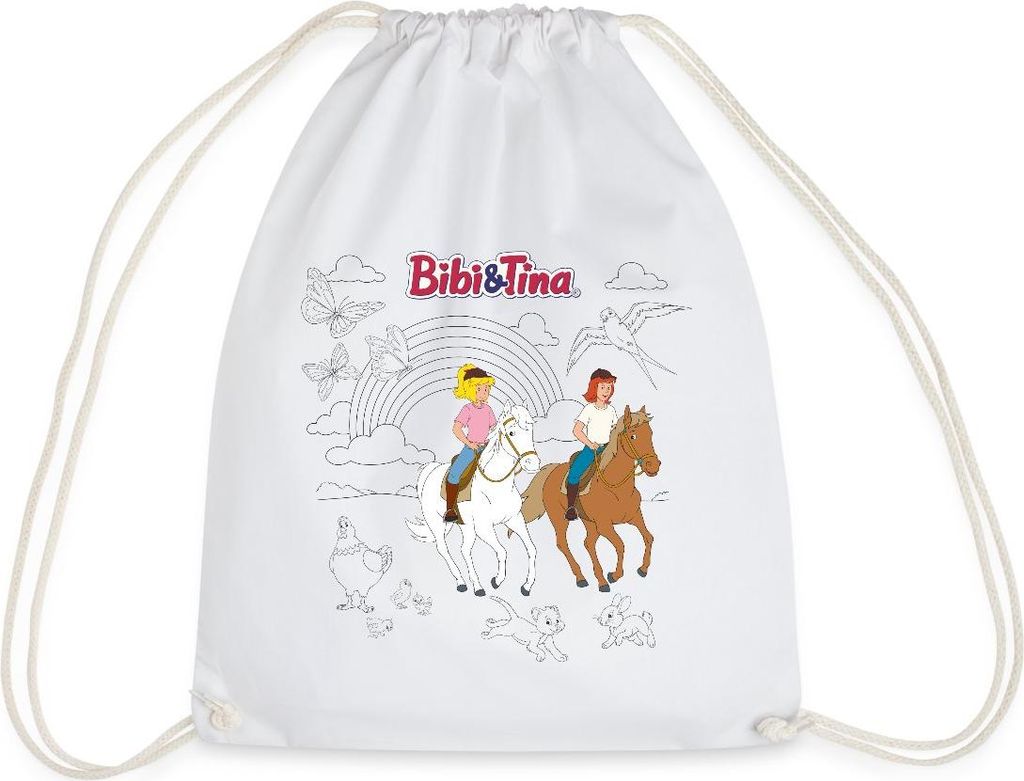 Spreadshirt Bibi & Tina Ausmalmotiv Mit Pferden Turnbeutel, One size, Weiß