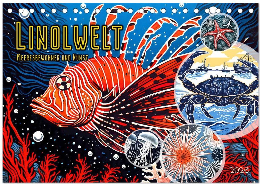 Linolwelt - Meeresbewohner und Kunst (Tischkalender 2026 DIN A5 quer), CALVENDO Monatskalender