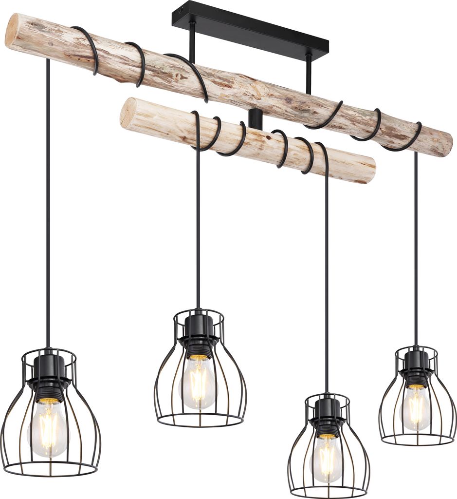 A four-light pendant chandelier with a rustic, natural wood beam design and black metal cage shades.