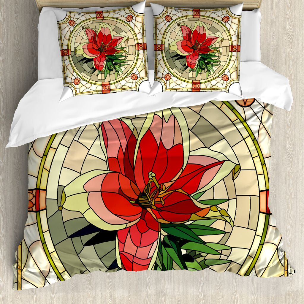 ABAKUHAUS Blumen Bettbezug, Blume Lilien-Blätter, Milbensicher Allergiker geeignet mit Kissenbezügen, 155 cm x 220 cm - 80 x 80 cm, Mehrfarbig