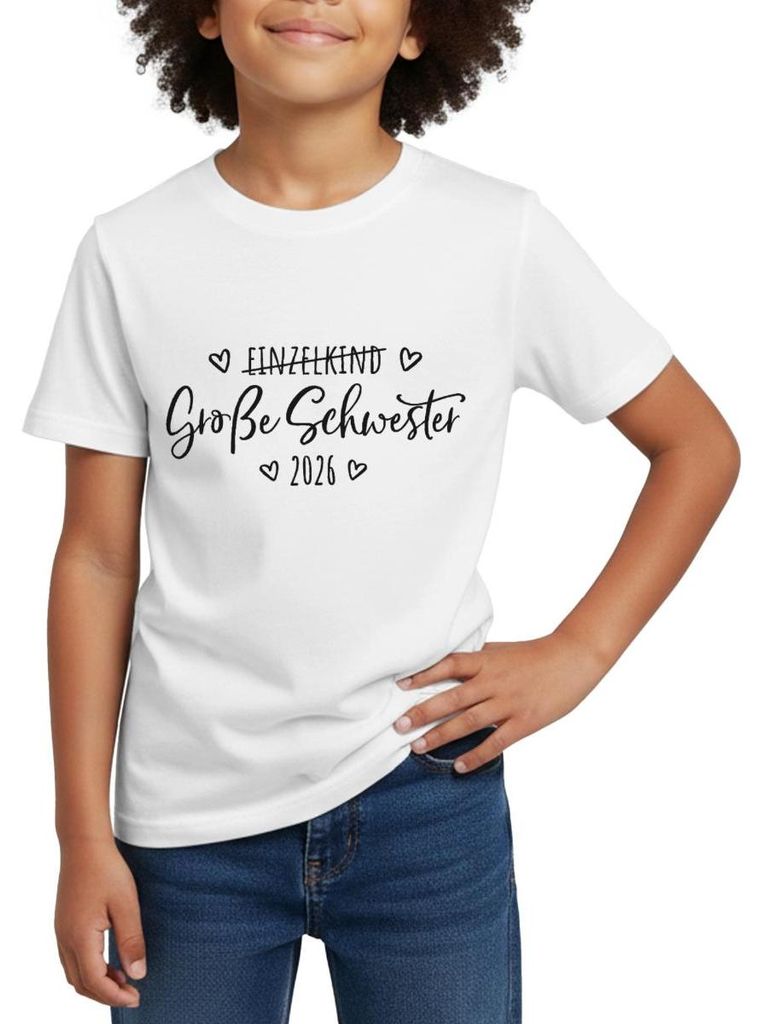 Spreadshirt Große Schwester 2026 Einzelkind Ende Herz Kinder T-Shirt, 98/104 (3-4 Jahre), Weiß