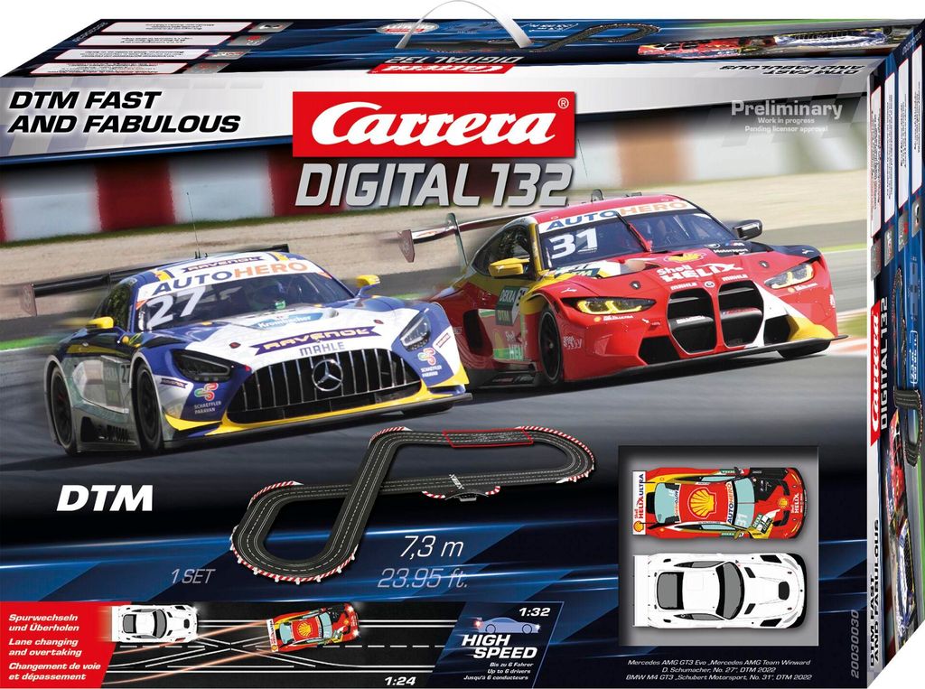 The image shows the packaging of a Carrera DTM Fast and Fabulous Digital 132 slot car racing set.