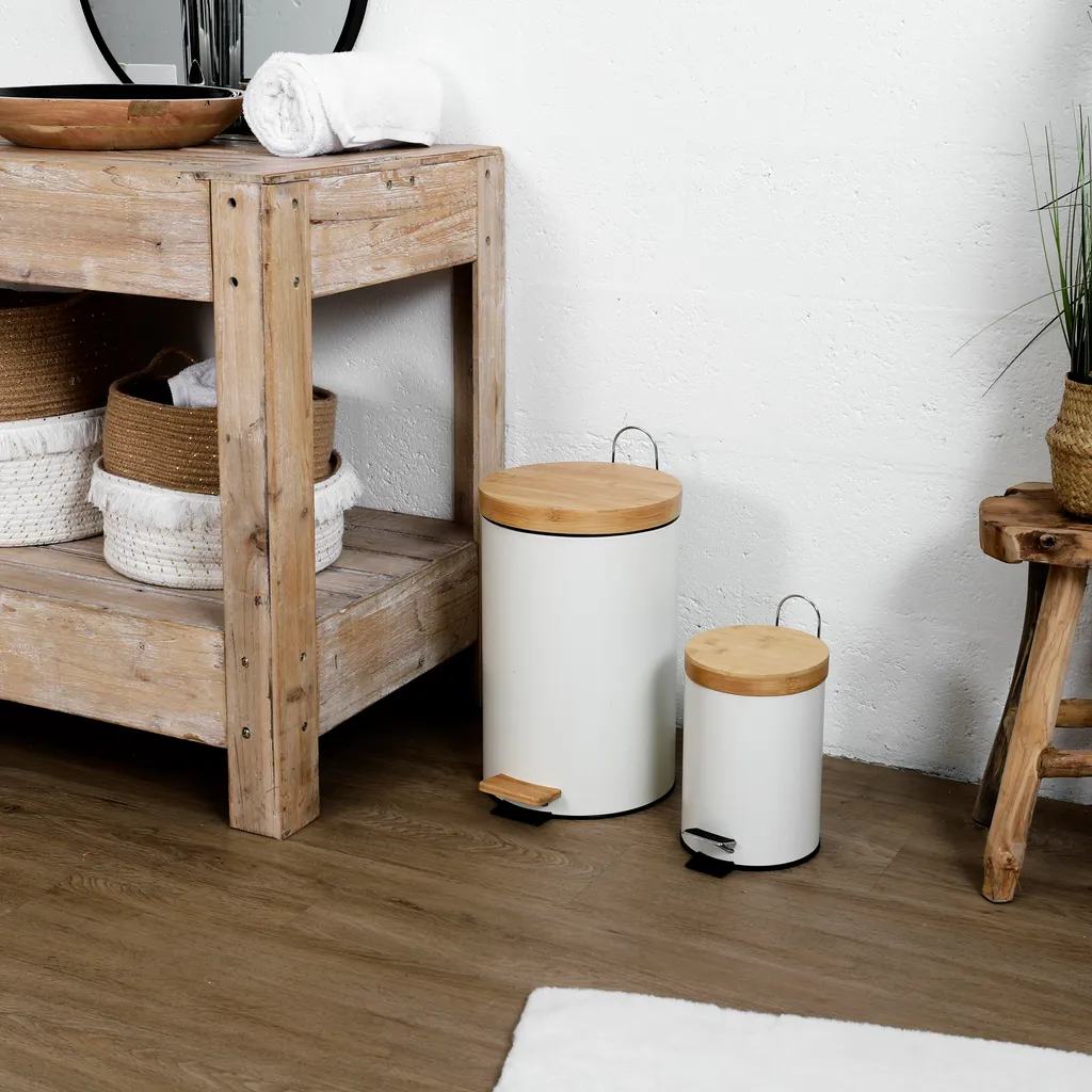 Petite Poubelle Blanche pour WC et Bureau en Métal et Bambou - Lot de 2