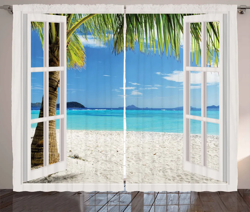 ABAKUHAUS Rideau Tropical Palmier 280x225cm avec Crochets Blanc Vert