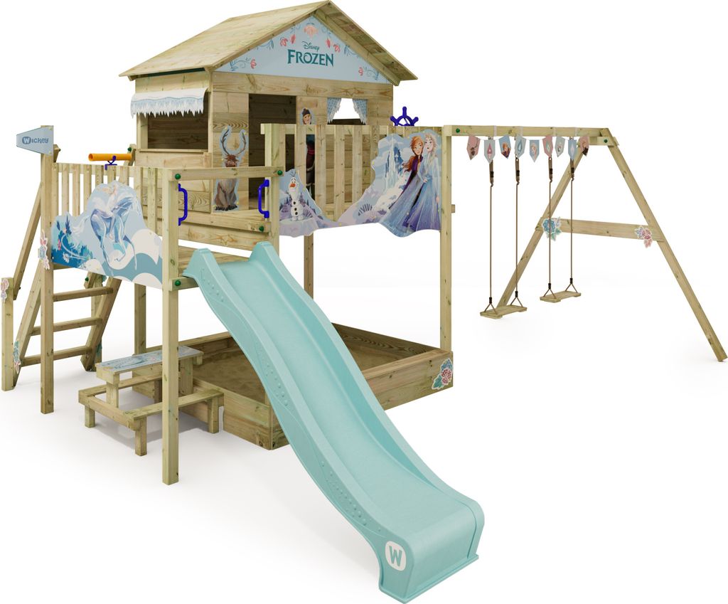 WICKEY Spielturm Disney Die Eiskönigin Quest mit Schaukel & Rutsche, Stelzenhaus mit Sandkasten, Kletterleiter & Spiel-Zubehör