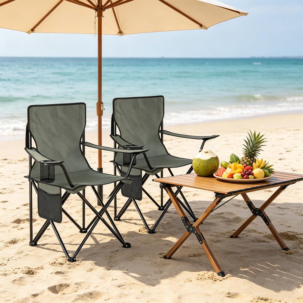 2er Set Strandstuhl mit Tassenhalter, Bequemer Campingstuhl, Dunkelgrau