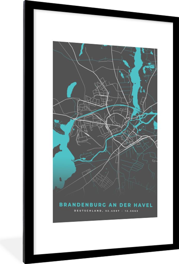 MuchoWow Gerahmtes Poster Blau - Deutschland - Karte - Stadtplan - Brandenburg an der Havel 60x90 cm - Poster mit Schwarzem Bilderrahmen Wandpost...