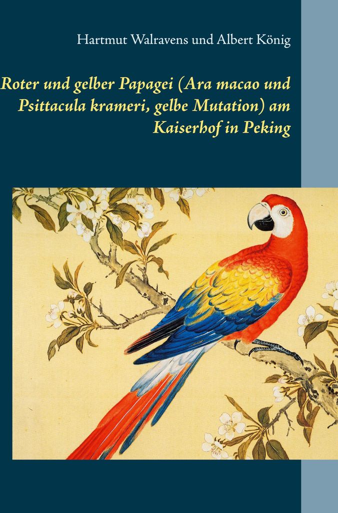 Roter und gelber Papagei (Ara macao und Psittacula krameri, gelbe Mutation) am Kaiserhof in Peking