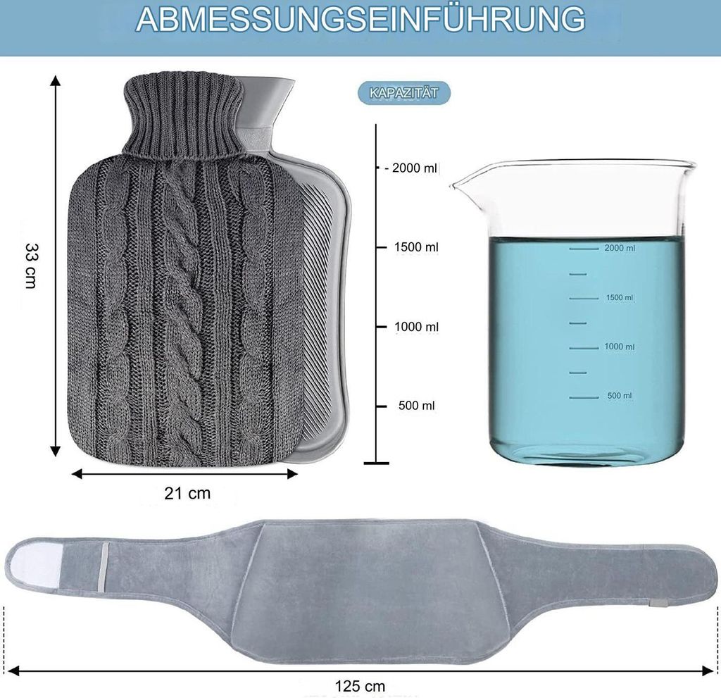 2L Wärmflasche mit Bezug Wärmflaschengürtel,3 in 1 Groß Produktbild 2