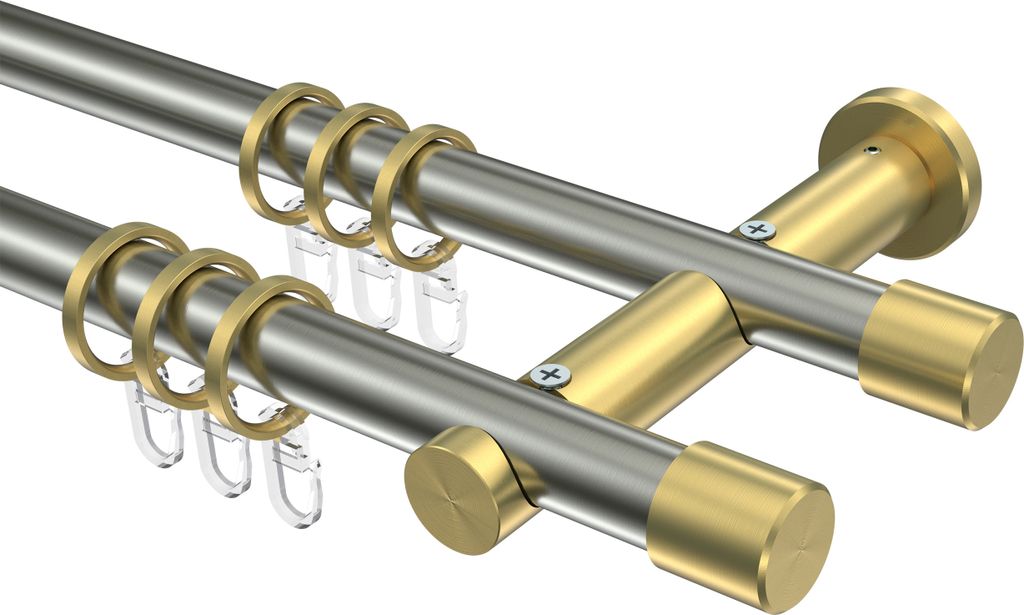Interdeco Gardinenstange / Vorhangstange Edelstahl-Optik / Messing-Optik, Typ Platon Santo (Kappe), 20 mm Ø 2-läufig, 140 cm