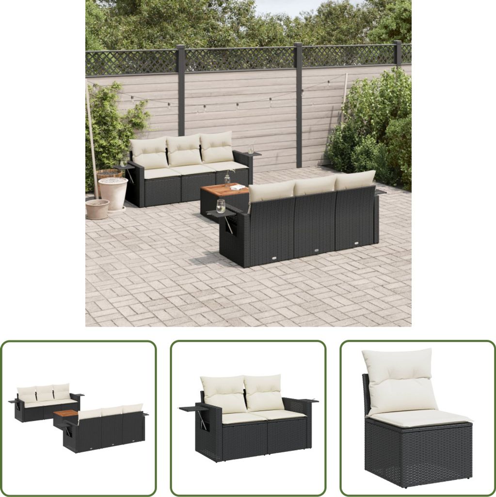 The Living Store 7-tlg. Garten-Sofagarnitur mit Kissen Schwarz Poly Rattan