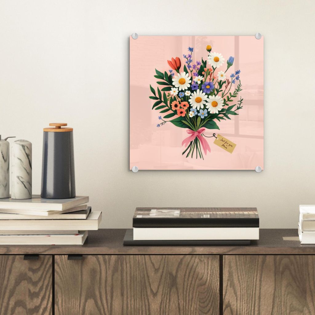 MuchoWow Glasbilder - Bilder auf Wandbild - Foto auf Glas Gänseblümchen - Blumenstrauß - Schleife - Rosa 40x40 cm Wanddekoration aus Glas - Acry...
