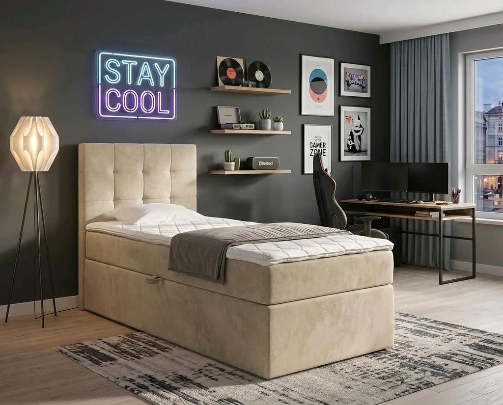 NORDELO Boxspringbett INCANTO 90x200 cm Beige Komplett-Set gepolstertes Einzelbett mit Stauraum, Matratze und 4 cm Visco-Topper, Bonellfederkernmat...