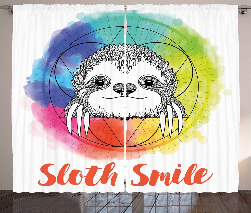 ABAKUHAUS Tier Rustikaler Vorhang, Regenbogen Sloth Sketch, Wohnzimmer Universalband Gardinen mit Schlaufen und Haken, 280 x 175 cm, Mehrfarbig