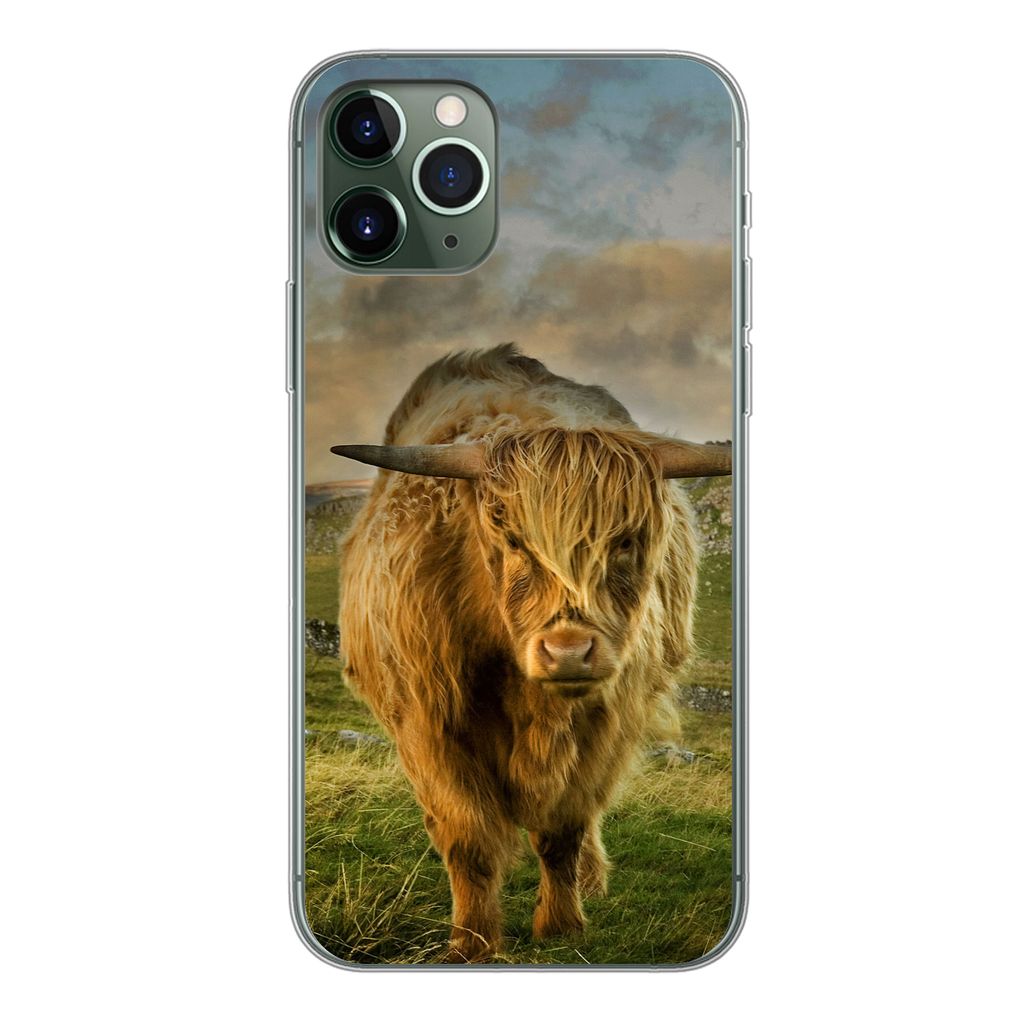 MuchoWow Handyhülle Schutzhülle Hülle für iPhone 11 Pro Schottischer Highlander - Gras - Berg Silikon Softcase Handy Hülle - Handy