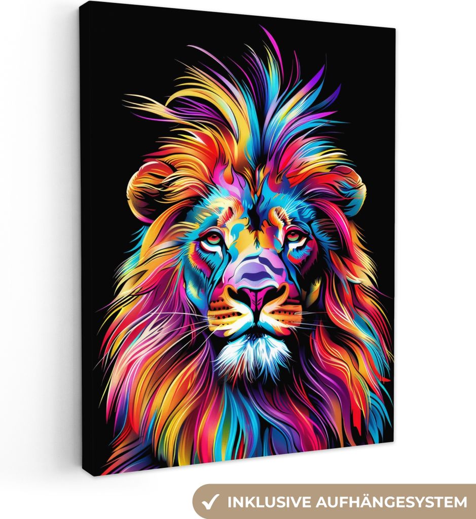 MuchoWow - Leinwandbilder - Löwen - Bunt - Schwarz - Tiere, Wandbild, Wanddeko Bilder Wohnzimmer, 60x80 cm
