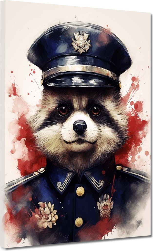 Pop Art Waschbär in Uniform Leinwandbild Wandbild Kunstdruck XL Wanddeko: 60x80x4cm