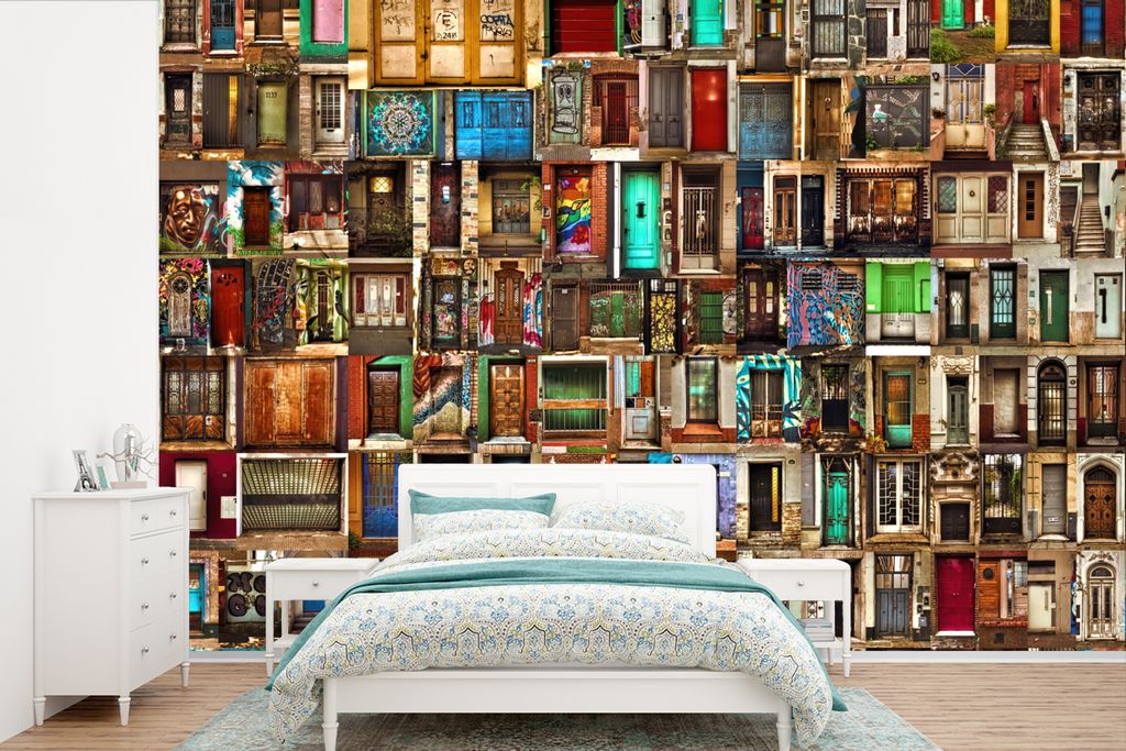 MuchoWow Fototapete für Wohnzimmer oder Schlafzimmer Wandtapete Vinyl Motivtapete Türen - Bunt - Collage - Architektur - 450x300 cm - Gemusterte