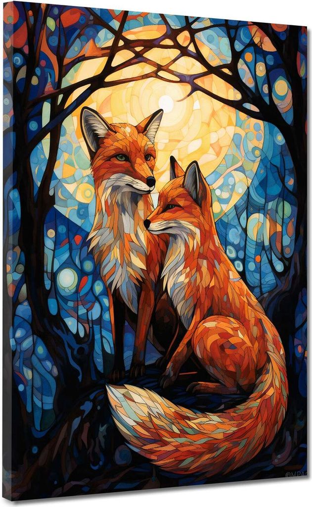 Abstrakt Füchse Kunst Leinwandbild Wandbild Kunstdruck XL Wanddeko: 60x80x2cm