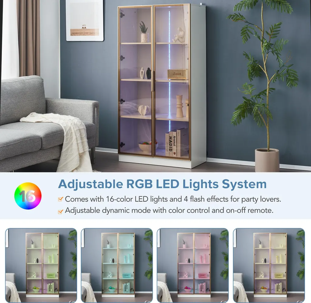 Vitrine en Verre à Étagères Ajustables et LED Intégrée, Blanc Mat