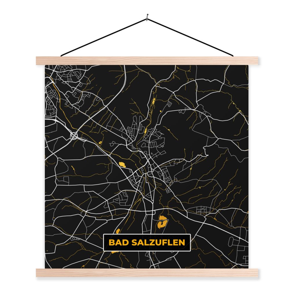 MuchoWow Textilposter Stadtplan - Karte - Bad Salzuflen - Gold - Deutschland - Karte 60x60 cm mit holzfarbenen Rahmen - Wanddekoration