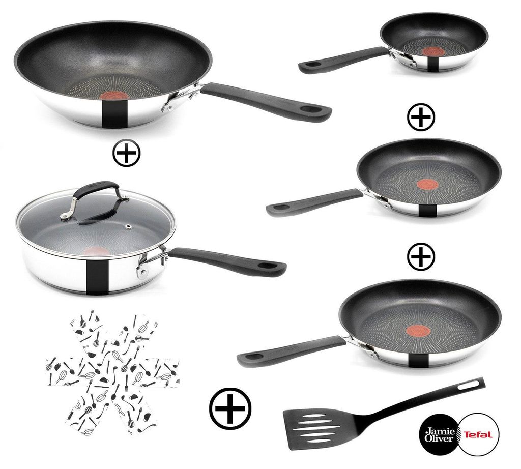 Tefal Pfannen-Set Jamie Oliver E30 Pfannen Set 20+24+28cm + Schmorpfanne 25cm + Wok 28cm, Edelstahl 18/10 (Inkl. 1 Wender & Filzschoner, Pfannenset)