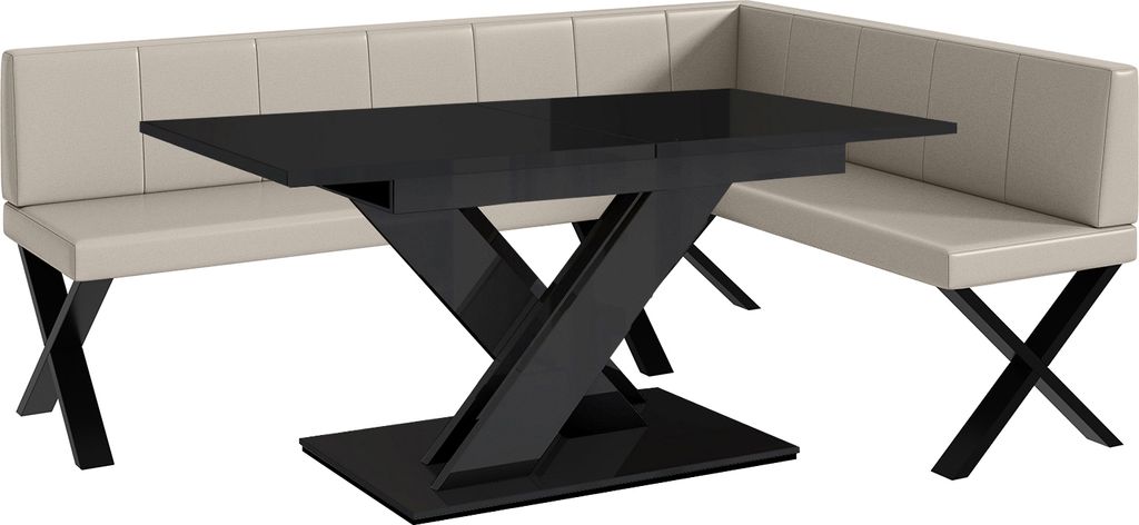 MEBLINI Eckbank für Esszimmer mit ausziehbarem Tisch - Küchenbank - Essecke - Sitzecke Küche - PETER - X-Beine 142x196x87cm Rechts - Beige Kunst...