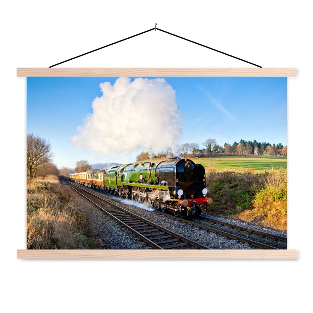 MuchoWow Textilposter Eine Dampfeisenbahn mitten auf der Wiese 60x40 cm mit holzfarbenen Rahmen - Bilder