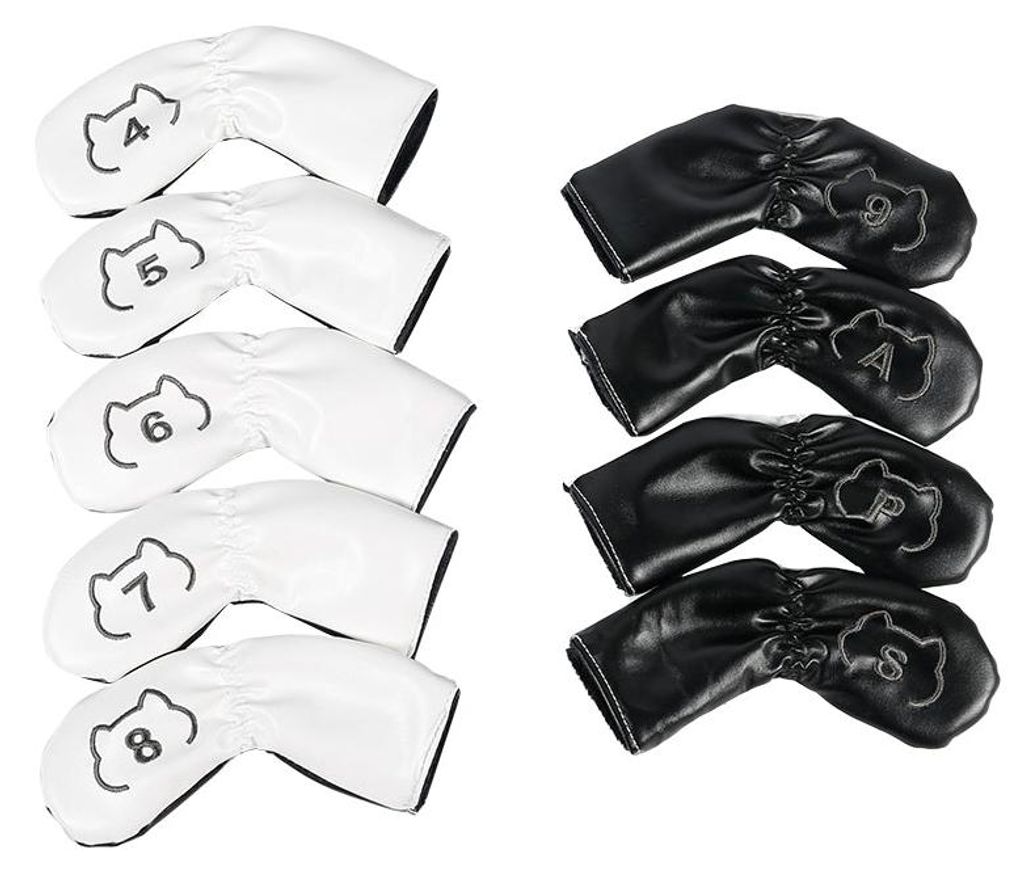 Golfschläger-Schlägerkopfhüllen aus Leder, 9-teiliges Set, Katzen-Umriss, Schlägerkopfschutz, Weiß und Schwarz