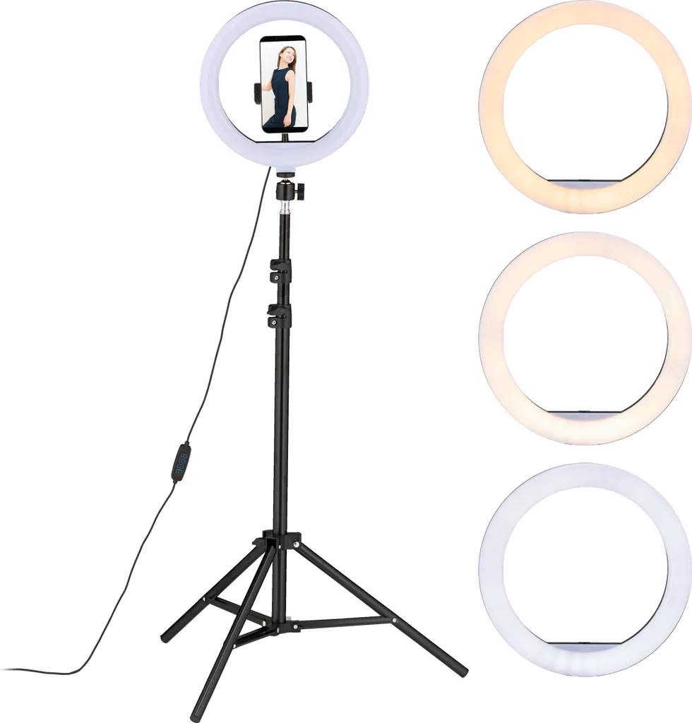 Éclairage Circulaire LED à Intensité Réglable avec Trépied et USB Blanc