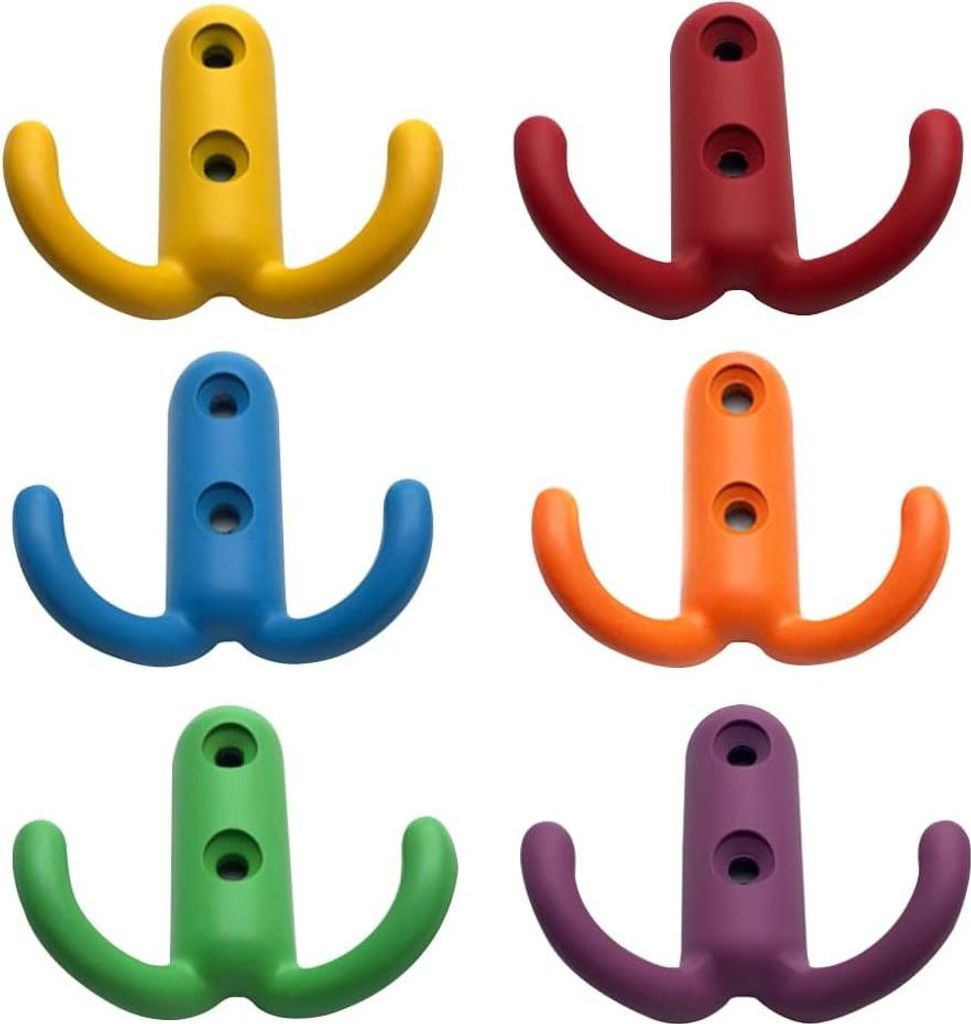 Bunte doppelte Wandhaken 6 Stück - zum Schrauben für Kleidung, Jacken und Garderobe - Metall - für Badezimmer und Küche