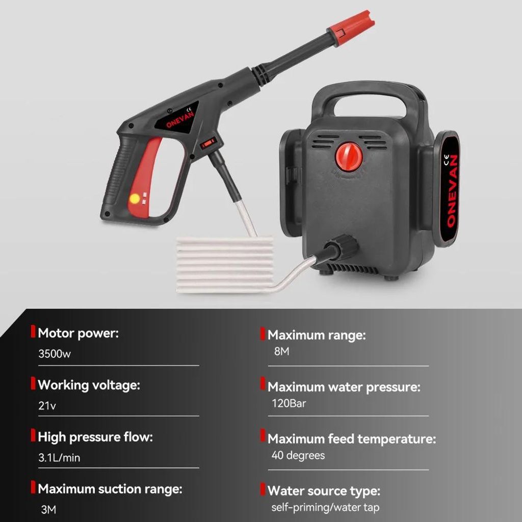 3500W Hochdruckreiniger - Handliche 2-in-1 Spritzpistole - 120 bar - Kabelloser 18V Akku - Für Auto, Garten, Bewässerung - 2 Akkus & EU-Stecker
