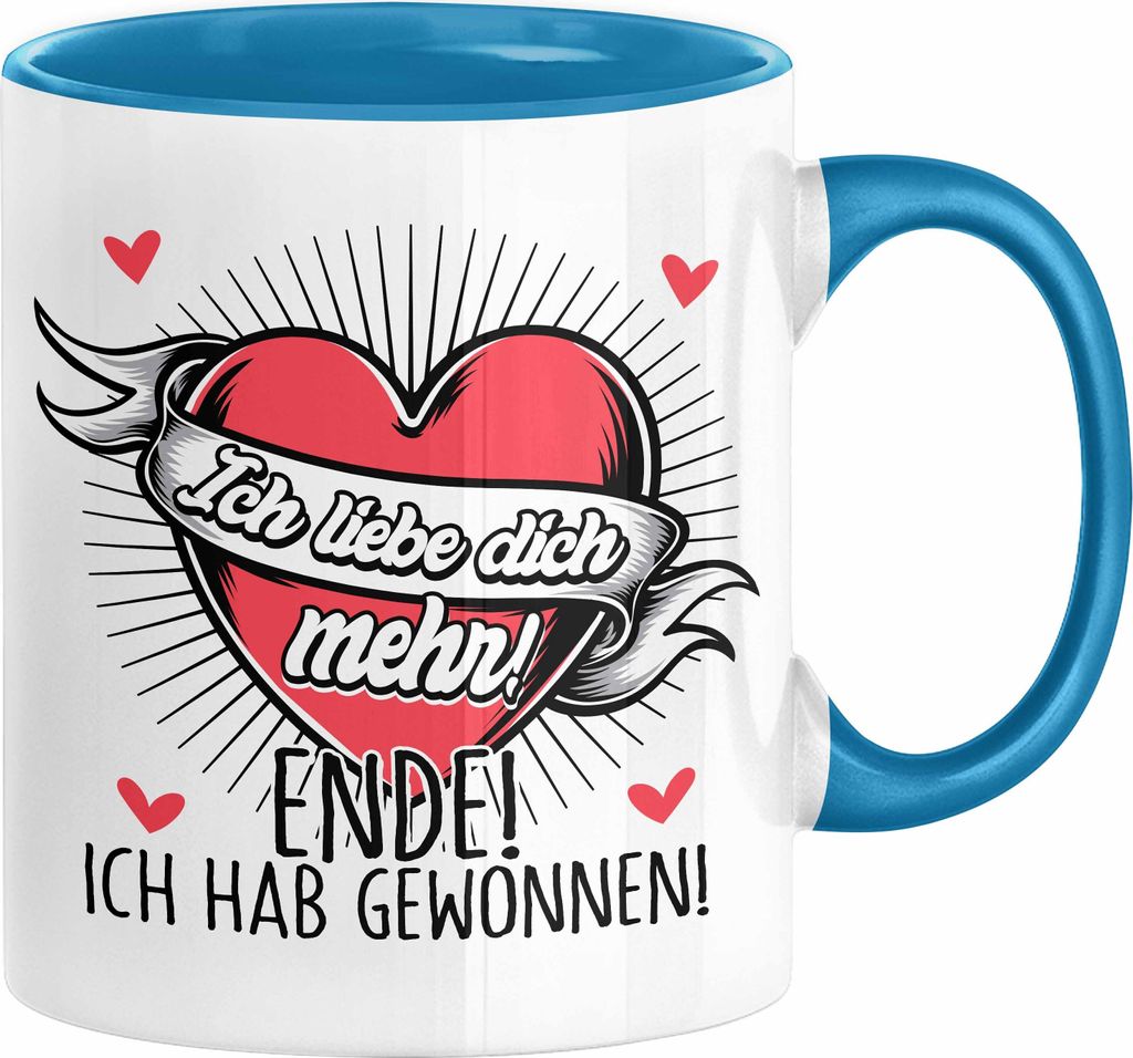 Valentinstag Tasse Geschenk für Ihn Sie Männer Für Paare Freundin Geschenkidee Kaffee-Becher Liebe Ich Liebe Dich Mehr Ende Ich Hab Gewonnen (Blau)