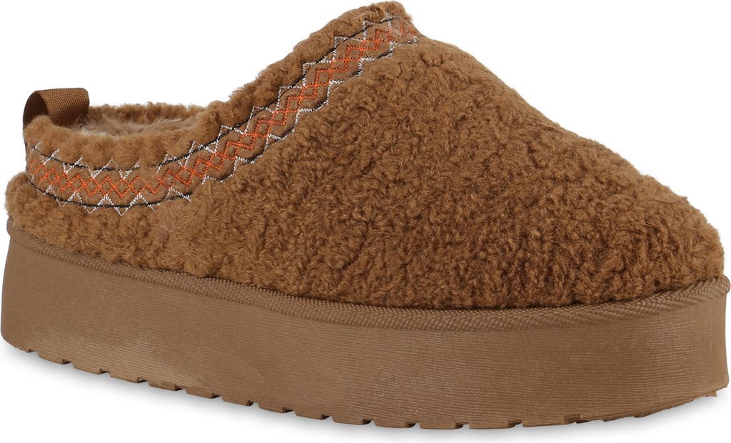 VAN HILL Damen Warm Gefütterte Pantoffeln Hausschuh Bequem Kunstfell Schuhe 840864, Farbe: Hellbraun, Größe: 40