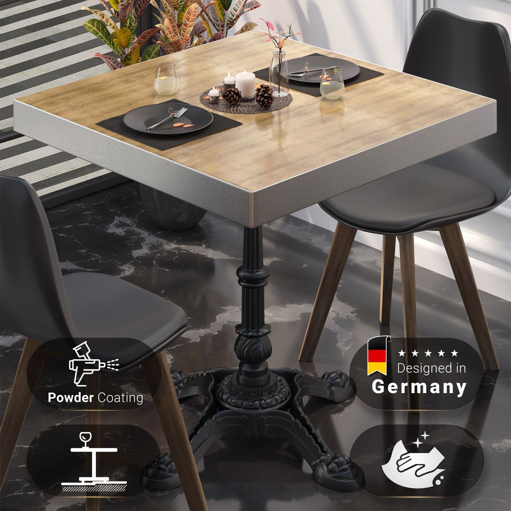 BPR | Bistro Tisch | 60 x 60 x 77 cm | Quadratisch | Edelstahl Rand | Eiche / Schwarz | Bistrotisch Gastro Tisch