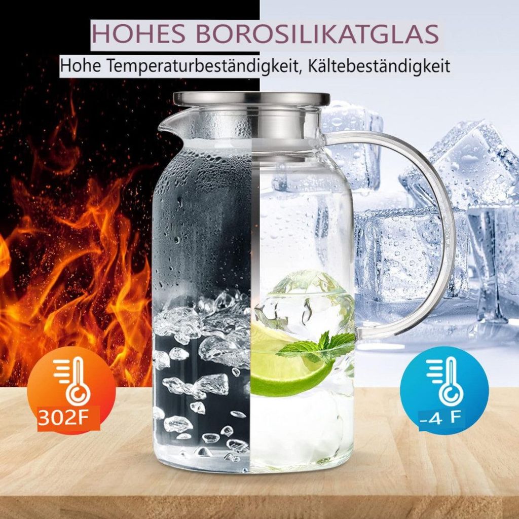 Wasserkaraffe 1.8 Liter Glaskaraffe mit Deckel