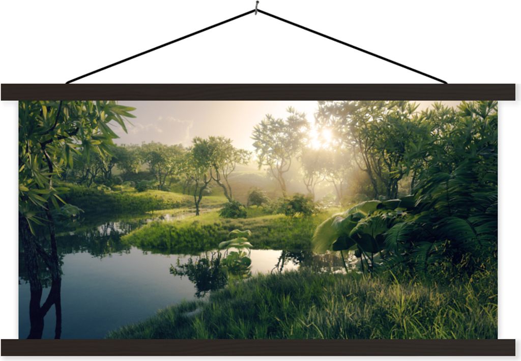 MuchoWow Textilposter 3D - Wald - Bäume 90x45 cm mit schwarzem Rahmen - Klemmleisten