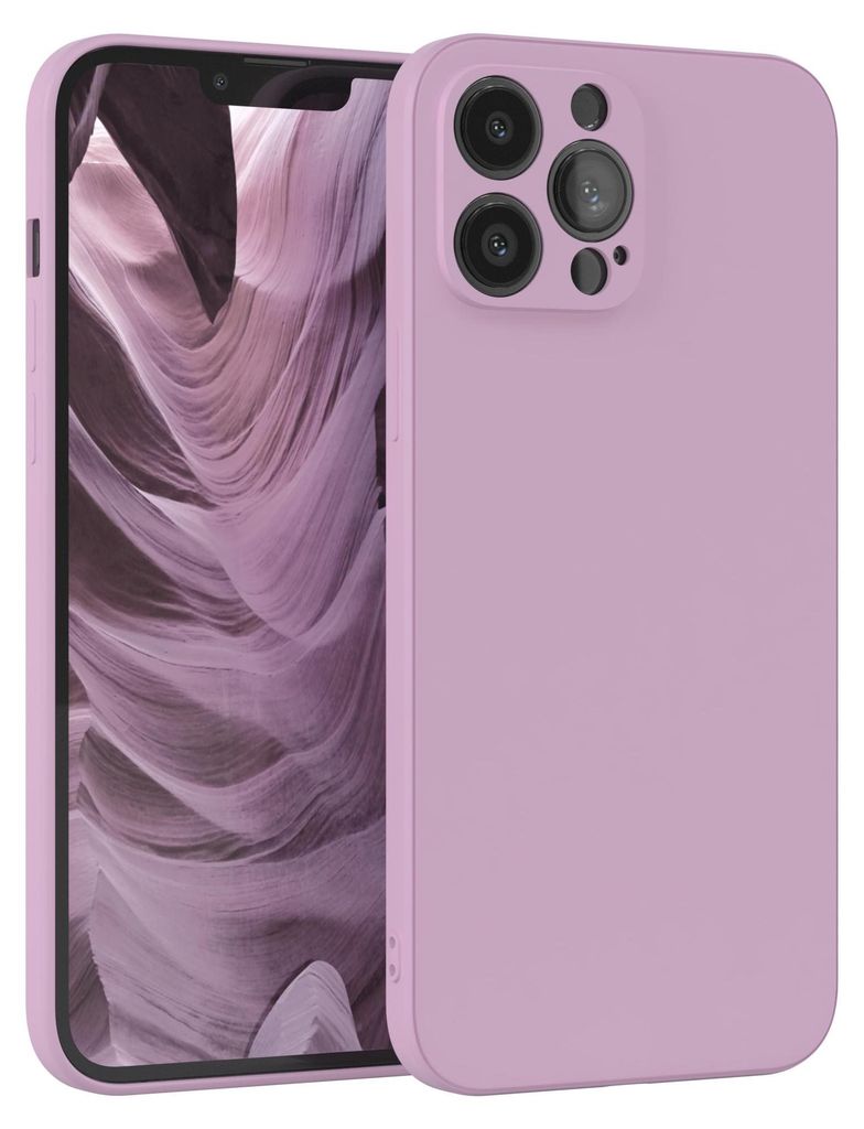 A purple iPhone 13 Pro Max case is shown diagonally against a light gray background. The phone screen is visible and displays a purple abstract wallpaper.
