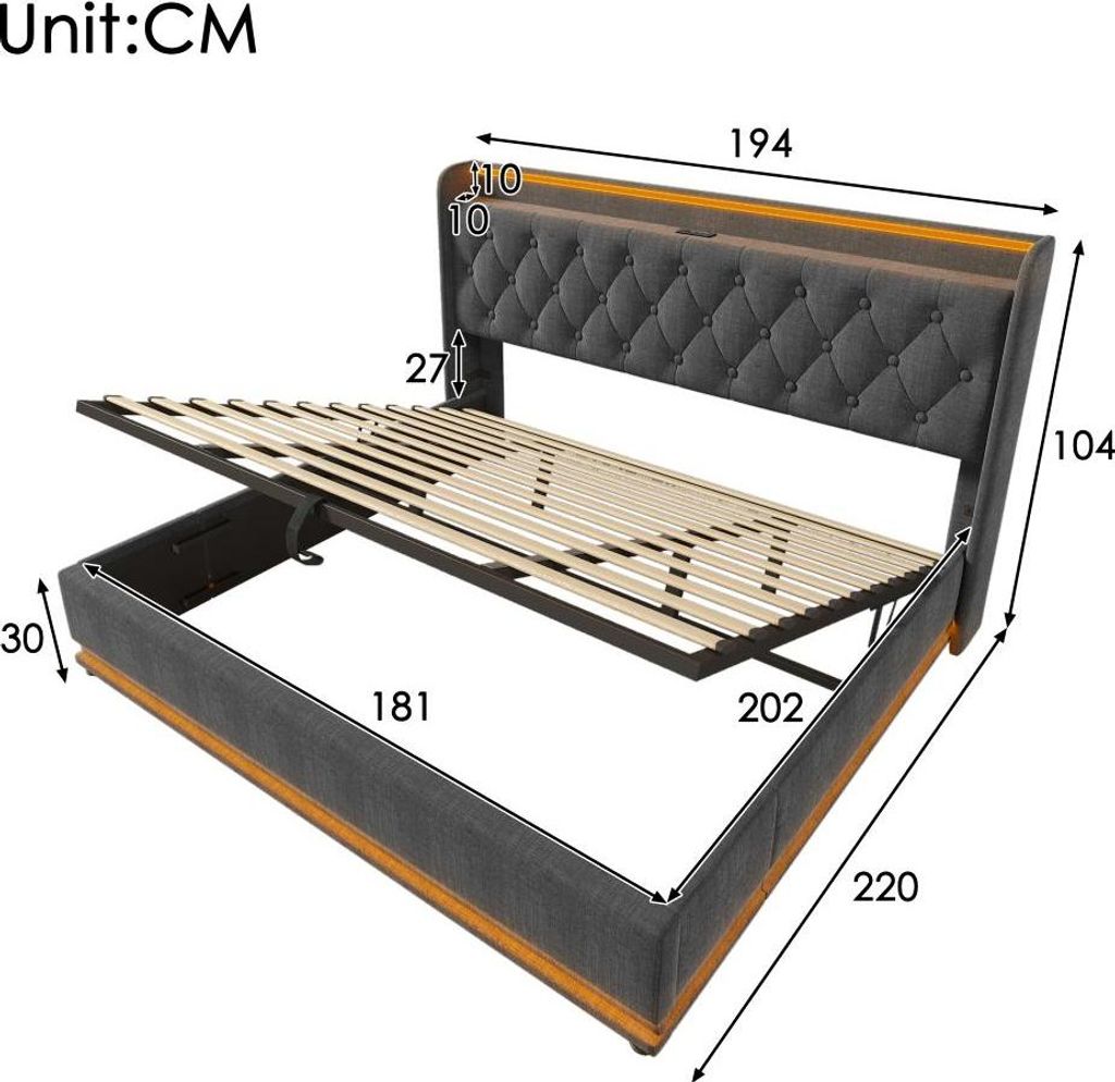 Doppelbett mit 360° LED-Beleuchtung, Hydraulikspeicher, USB Typ-C Ladefunktion, klassisches Kopfteil, PolyurethanMaterial, Grau, 180x200 cm