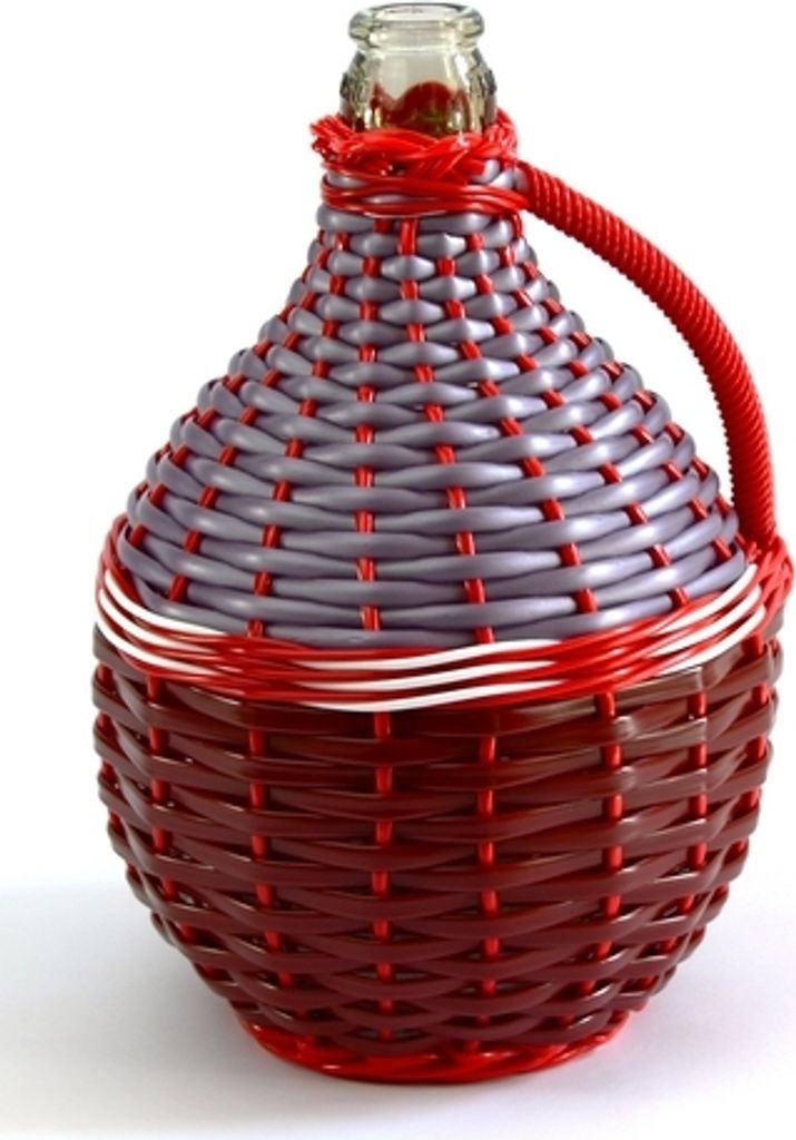 A woven glass bottle with a handle, displayed against a white background.