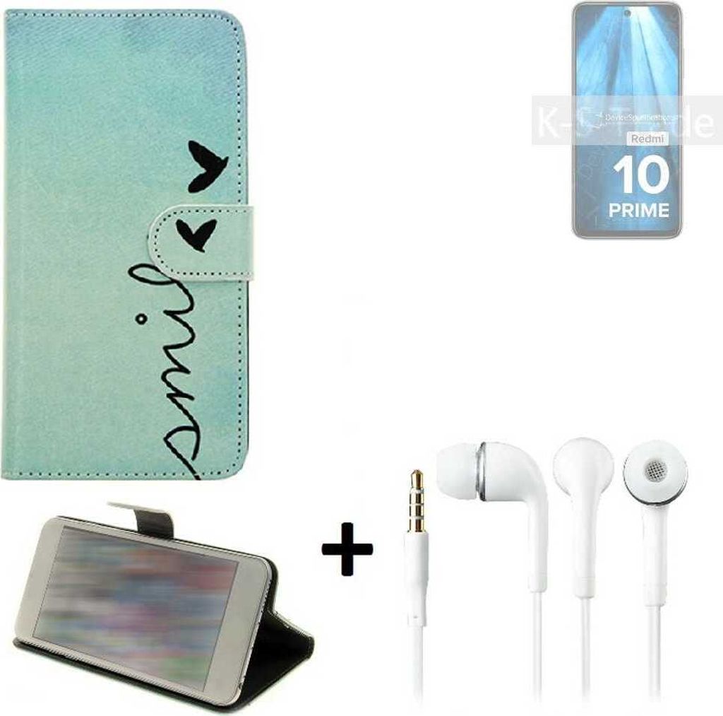 K-S-Trade Schutz Hülle Handy Hülle kompatibel mit Xiaomi Redmi 10 Prime 2022 360° Wallet Case Schutz Hülle ''smile'' inkl. Ohrstöpsel Smartphone
