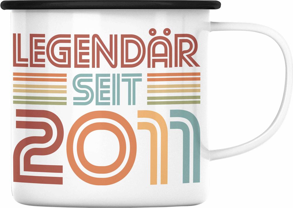 Trendation - 10. Geburtstag Emaille Tasse Jungs Jungen Geschenk Geschenkidee Kakaobecher Legendär Seit 2011 Lustig Witzig Spruch (Schwarz)