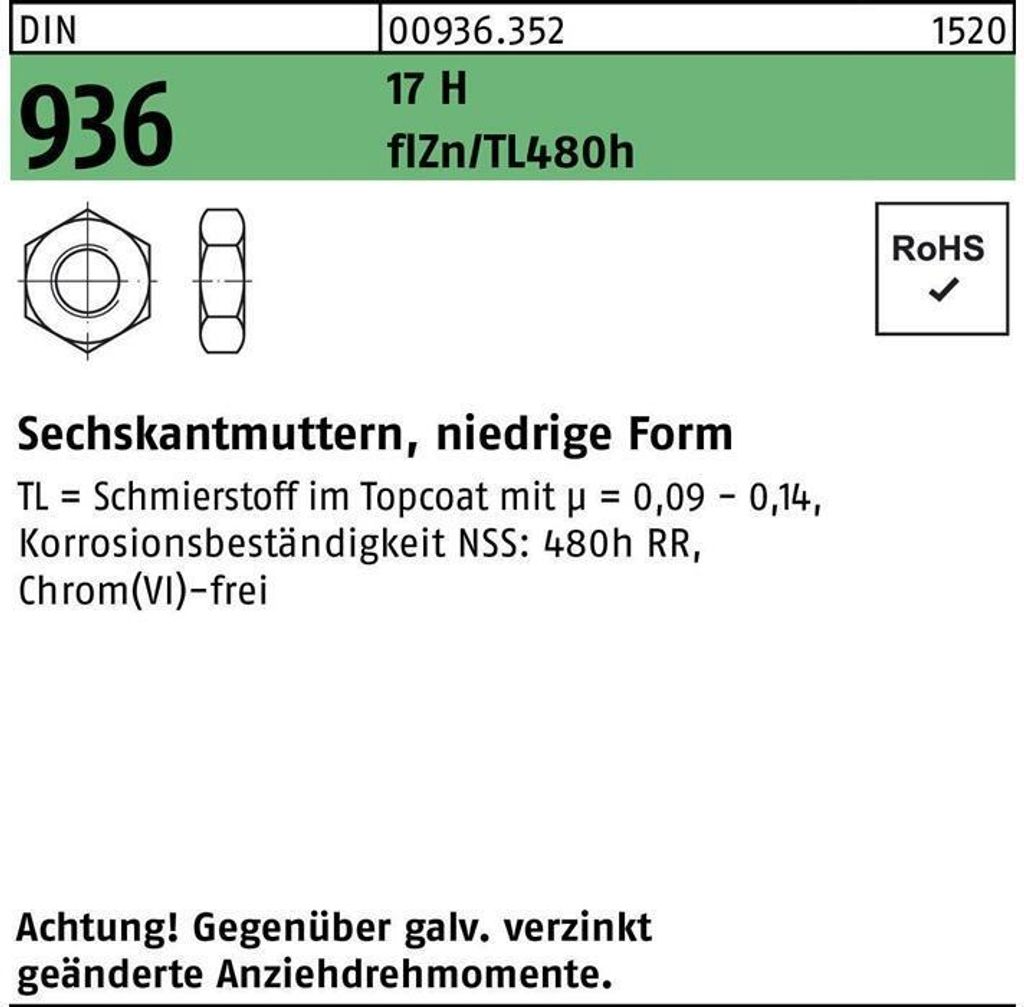 Reyher Sechskantmuttern DIN 936 17 H M 12 flZn (500 Stück)