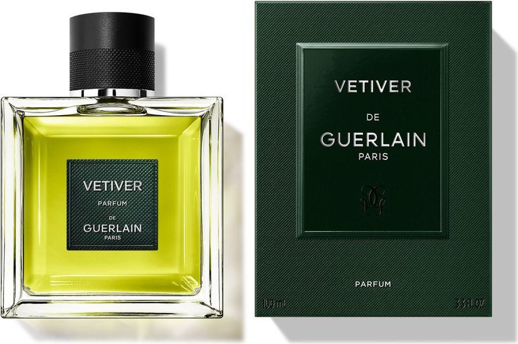 A bottle of Guerlain Vetiver Parfum and its packaging are displayed side-by-side against a white background.