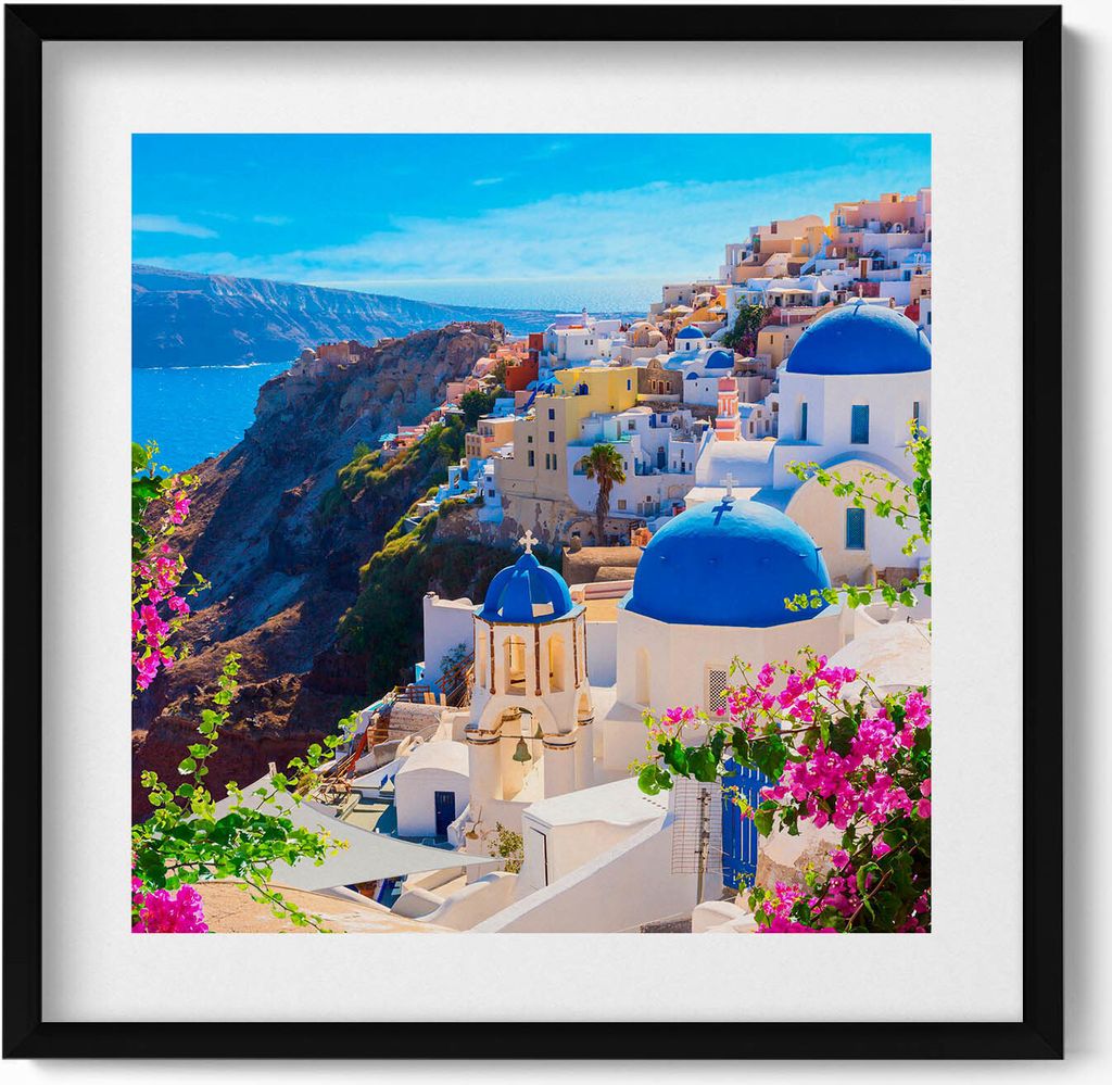 Blick auf die griechische Architektur von Santorin– Wandbild mit Rahmen – Gerahmtes Bild – Wanddekoration – 50x50 cm – Schwarz Rahmen